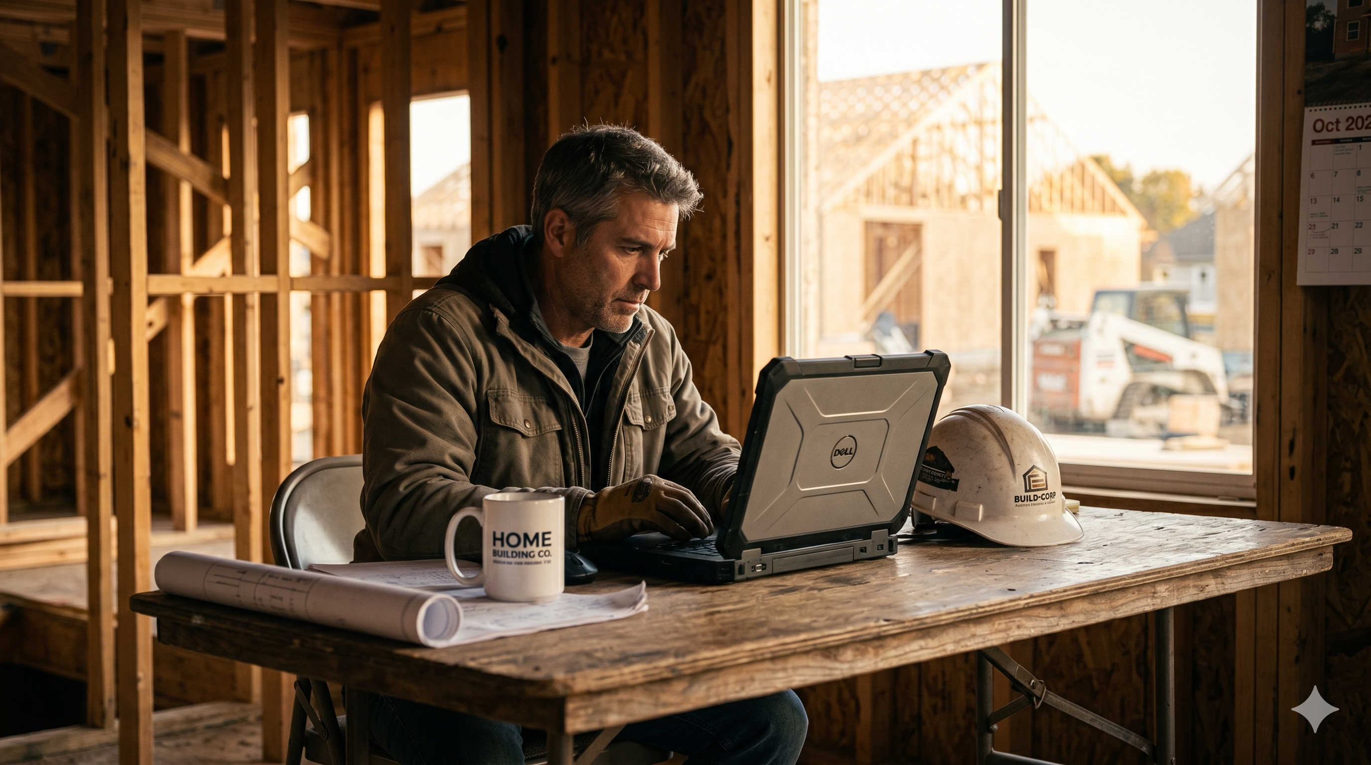 Contractor focused at laptop inside framed building