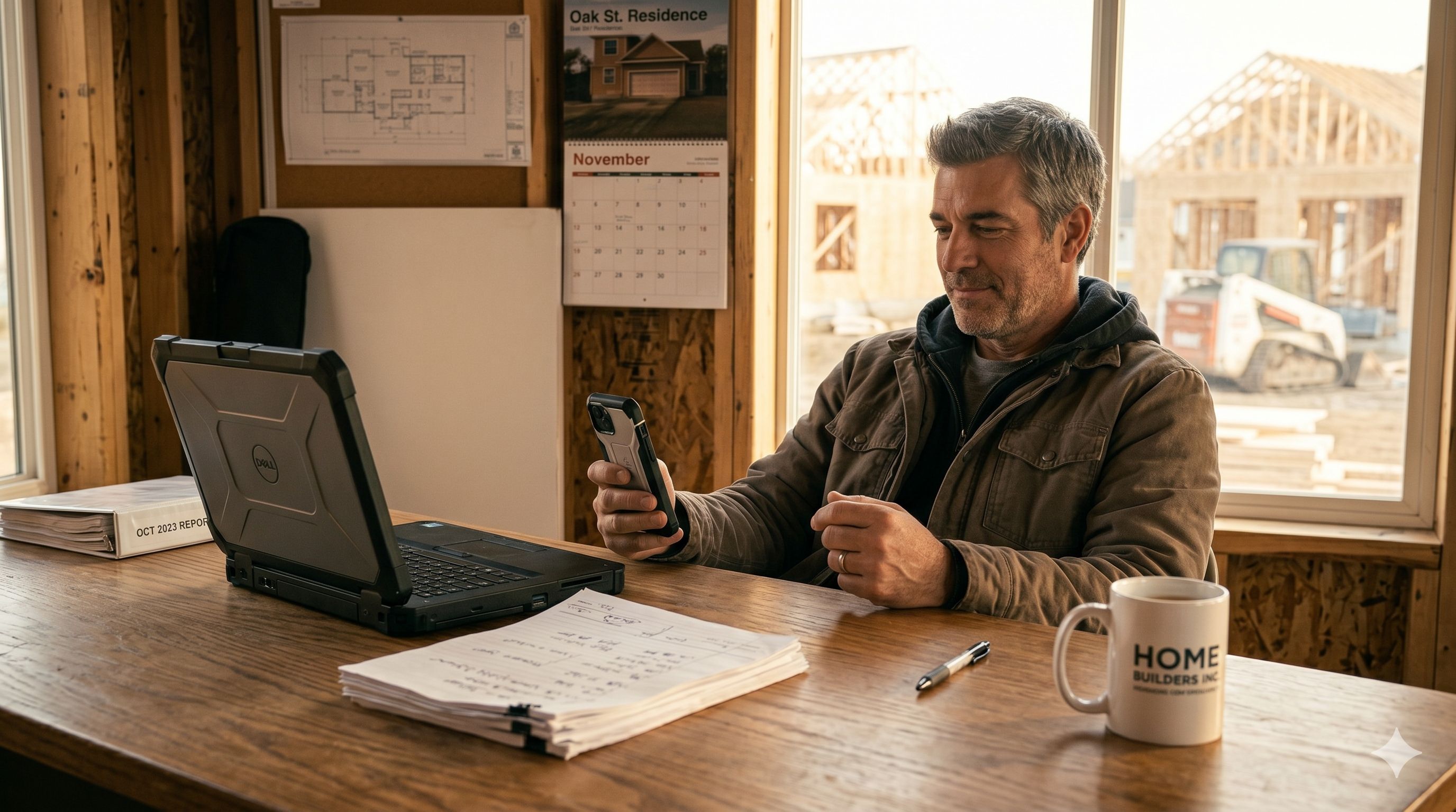 Contractor checking phone, calm and in control