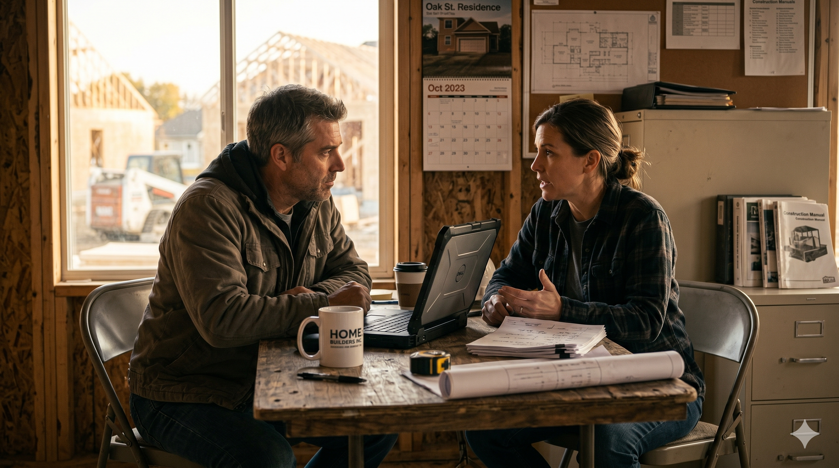 Two people in a job site trailer having a conversation