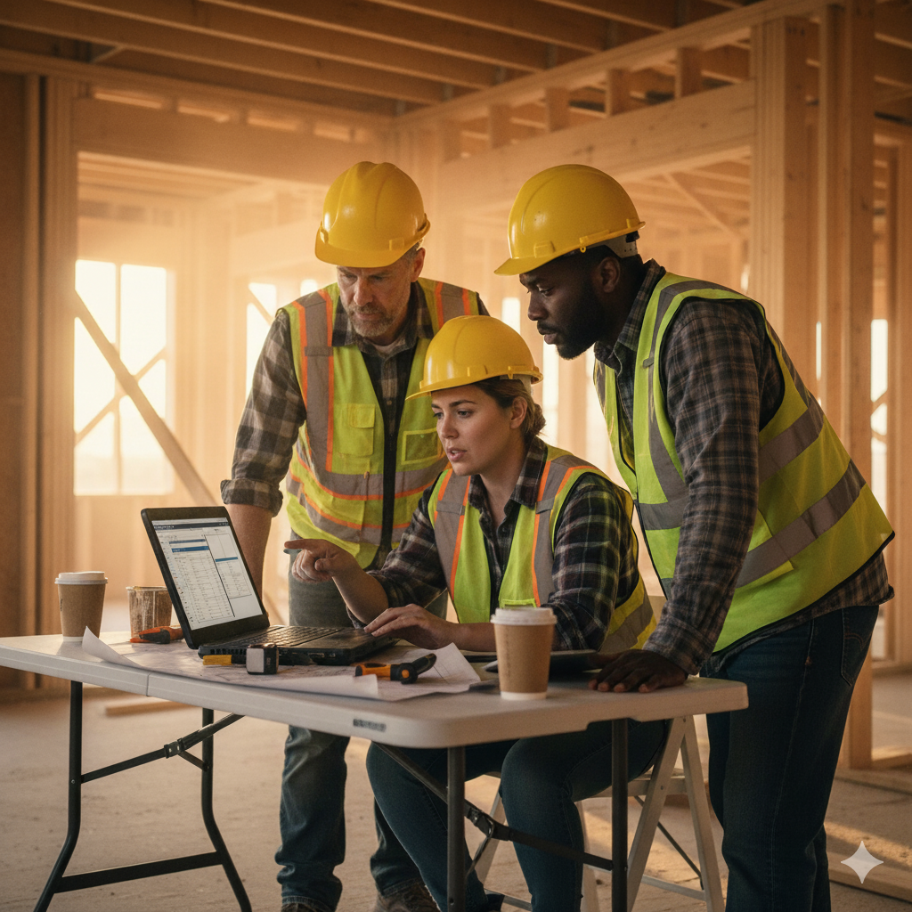 Field crew gathered around a laptop on a jobsite, working through software