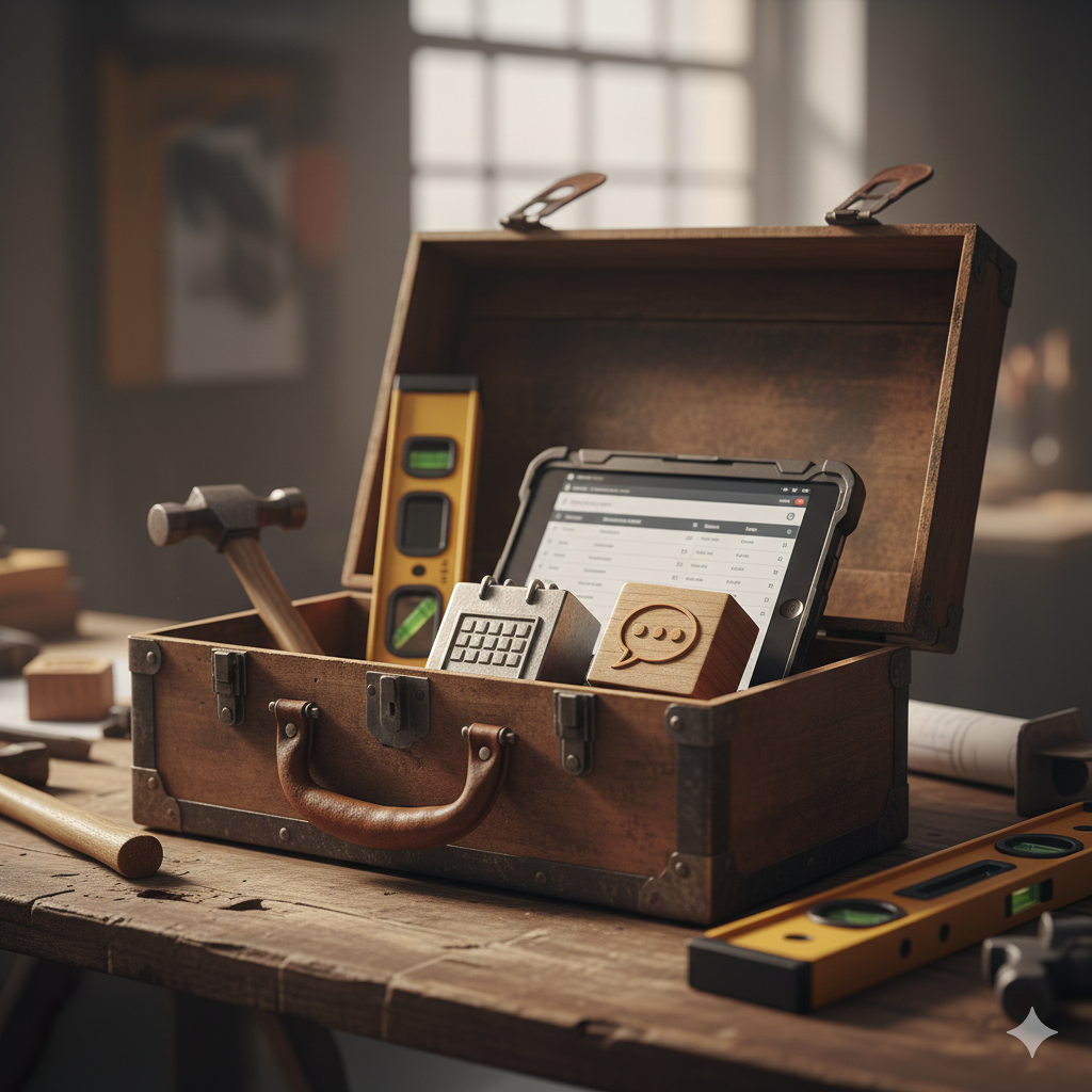 Toolbox with hammer, level, tablet and a chat bubble